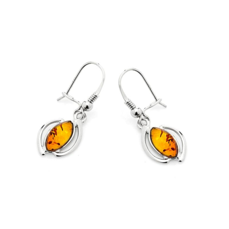 Boucles d'oreilles pendantes avec ambre cognac navette, en argent rhodié 925