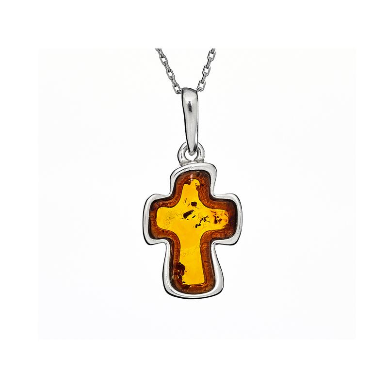 Cross pendant with cognac amber, 925 rhodium-plated silver, size 1.5x2+0.8 cm