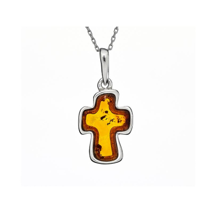 Cross pendant with cognac amber, 925 rhodium-plated silver, size 1.5x2+0.8 cm