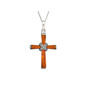 Cross pendant with cognac amber, 925 antique silver, size 2.5x4+0.8 cm