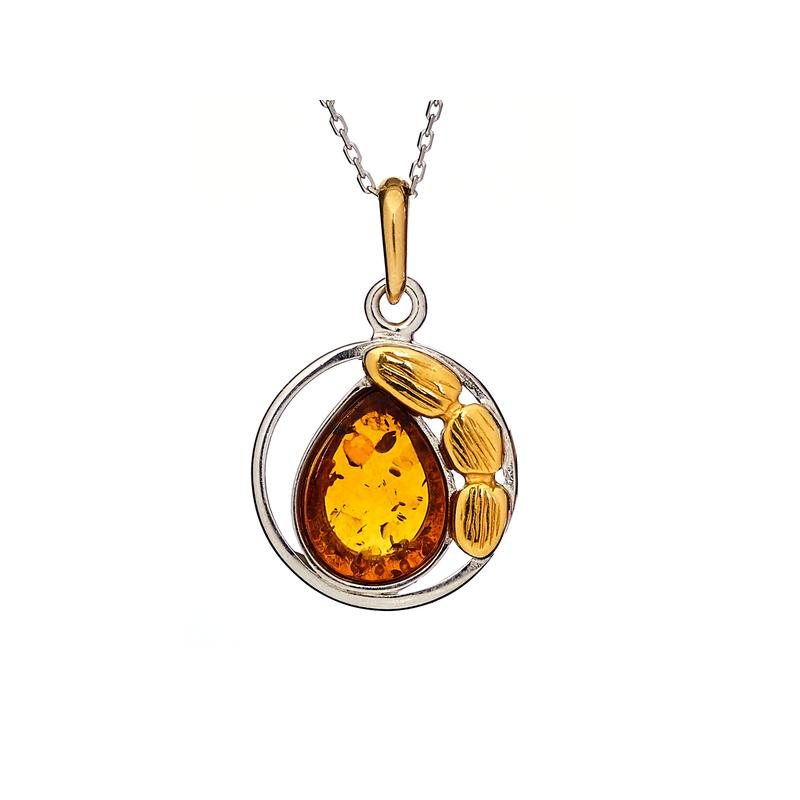 Colgante con ámbar coñac natural, plata 925 rodiada, diámetro 1,8+0,8 cm