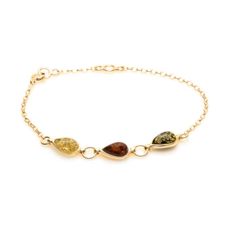 Bracelet with multi-colored amber, gold plated 925 silver, 16+3 cm