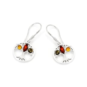 Levensboom oorbellen met barnsteen, 925 rhodium zilver