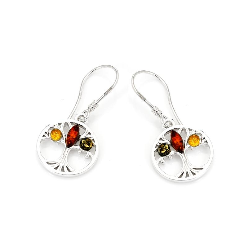 Boucles d'oreilles pendantes arbre de vie avec ambre, argent rhodié 925