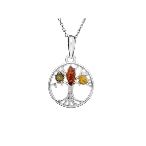Pendentif arbre de vie avec ambre, argent rhodié 925, diamètre 1,5+0,8 cm