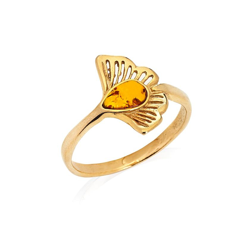 Ginkgo ring with natural cognac amber drop, in 925 gold plated silver