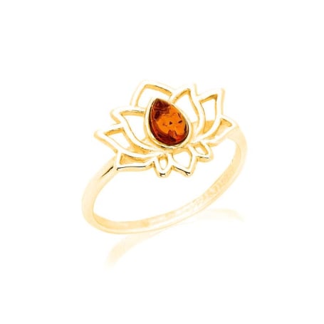 Anillo de loto con gota de ámbar coñac natural, en plata dorado 925