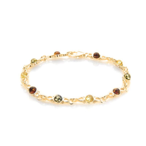 Pulsera con ámbar multicolor, plata 925 dorado , 17 cm