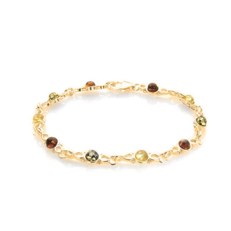 Bracelet with multi-colored amber, gold plated 925 silver, 17 cm