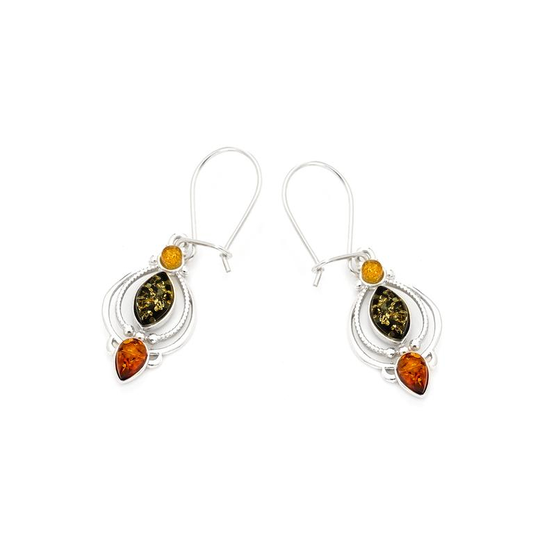 Orecchini pendenti a forma di navette in ambra multicolore, argento 925 rodiato