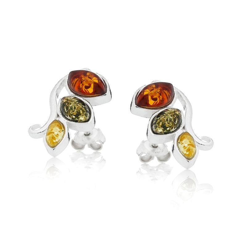 Clous d'oreilles avec ambre multicolore naturel navette, en argent rhodié 925