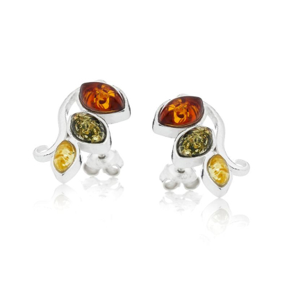 Clous d'oreilles avec ambre multicolore naturel navette, en argent rhodié 925
