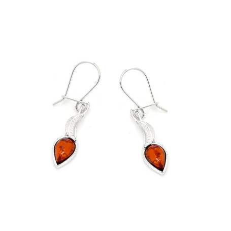 Leaf drop earrings with cognac amber, in 925 rhodium-plated silver