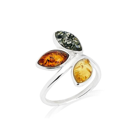 Multi-stone ring with natural multi-colored amber navette, in 925 rhodium-plated silver