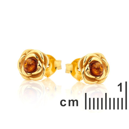 Boucles d'oreilles rose avec ambre cognac naturel, argent 925 doré, diamètre 0,8