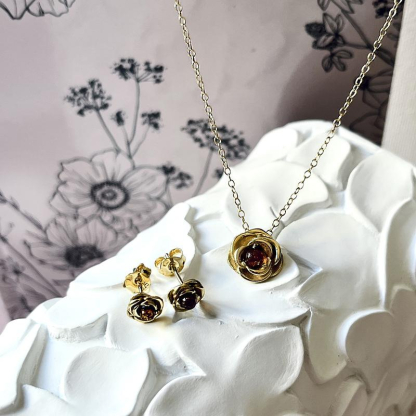 Rosa Ohrringe mit natürlichem Cognac-Bernstein, gold 925er Silber, Durchmesser 0,8