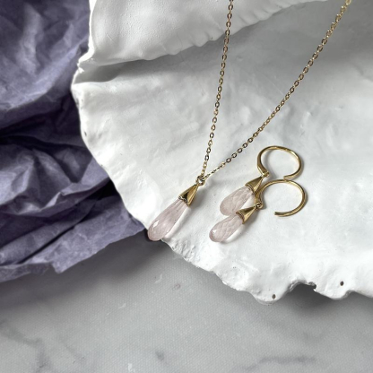 Collier glaçon avec quartz rose naturel, argent 925 doré, 42+3 cm