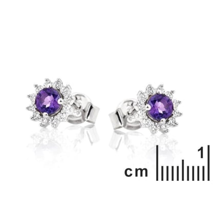 Clous d'oreilles avec améthyste ronde et zirconium, en argent rhodié 925