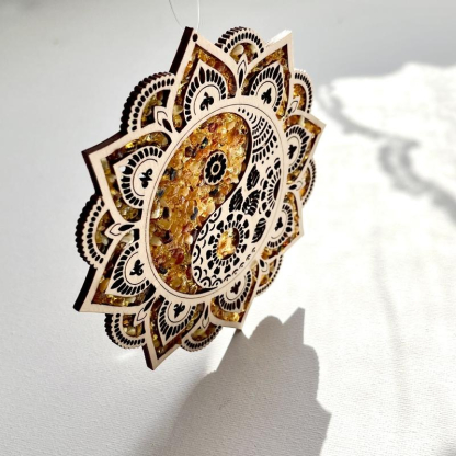 Plaque de rechargement et déco en ying et yang avec bouleau et ambre, 11 cm