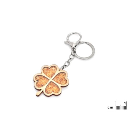 Four-leaf clover keychain with amber and birch wood