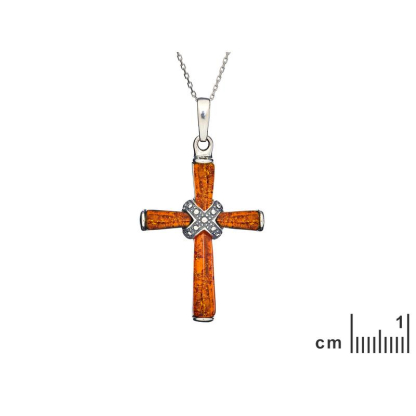Cross pendant with cognac amber, 925 antique silver, size 2.5x4+0.8 cm