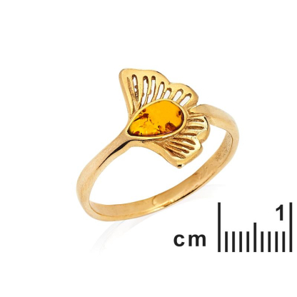 Ginkgo ring with natural cognac amber drop, in 925 gold plated silver