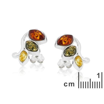 Clous d'oreilles avec ambre multicolore naturel navette, en argent rhodié 925