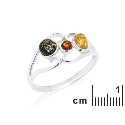 Anello multipietra con ambra naturale rotonda multicolore, in argento 925 rodiato
