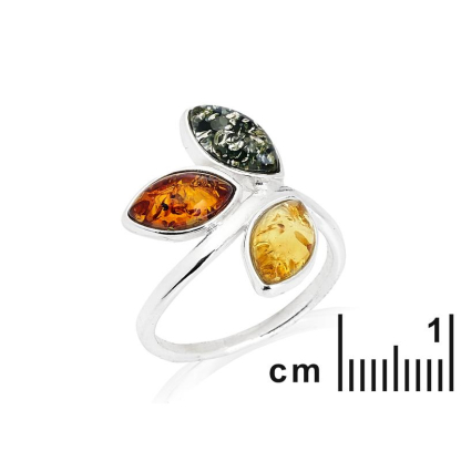 Meervoudige ring met natuurlijke veelkleurige amber navette, in 925 gerhodineerd zilver