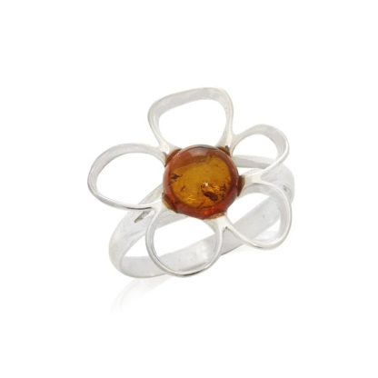 Ring with natural cognac amber from the Baltic Sea, in 925 rhodium-plated silver