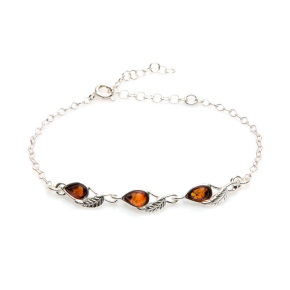 Bladarmband met cognackleurige barnsteen, 925 gerhodineerd zilver, 16+4 cm