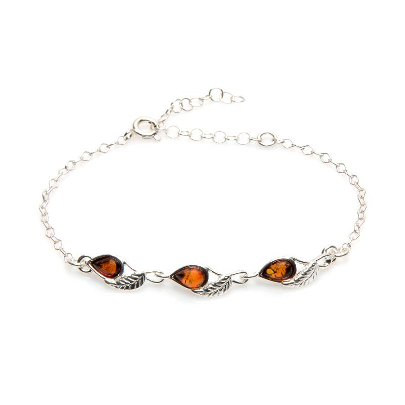 Leaf bracelet with cognac amber, 925 rhodium-plated silver, 16+4 cm