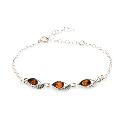 Leaf bracelet with cognac amber, 925 rhodium-plated silver, 16+4 cm