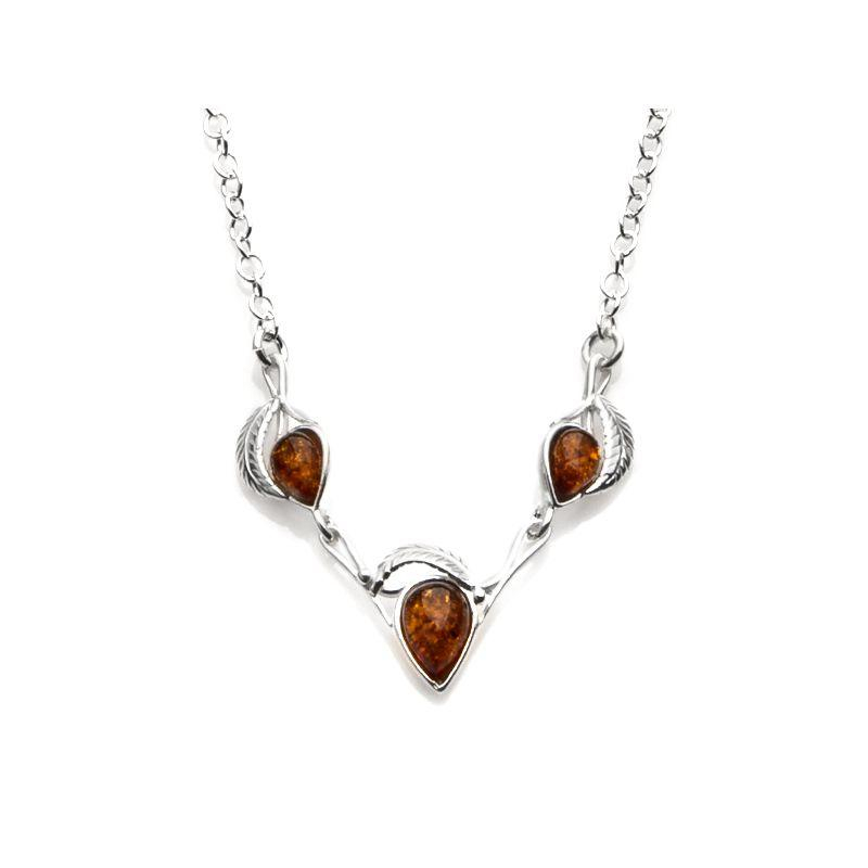 Blattkette mit natürlichem Cognac-Bernstein, 925er Silber rhodiniert, 41+4 cm