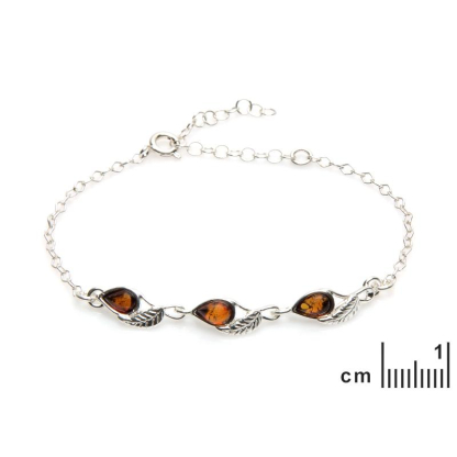 Leaf bracelet with cognac amber, 925 rhodium-plated silver, 16+4 cm