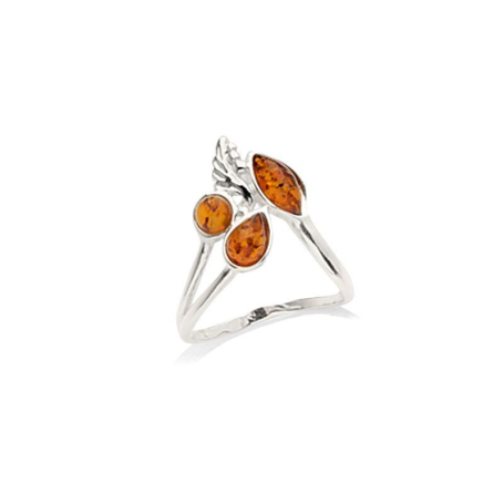 Multi-stone leaf ring with natural cognac amber, in 925 rhodium-plated silver