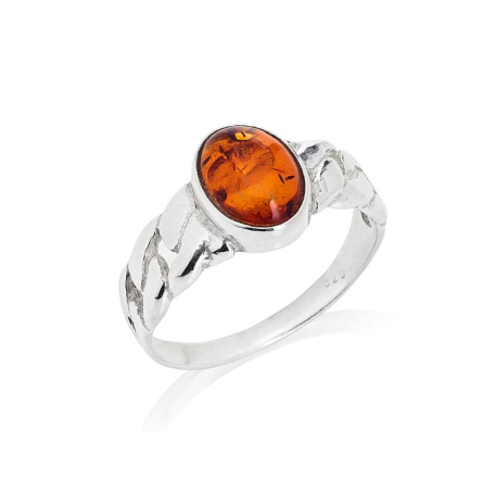 Chevalière avec ambre cognac naturel rond, en argent rhodié 925