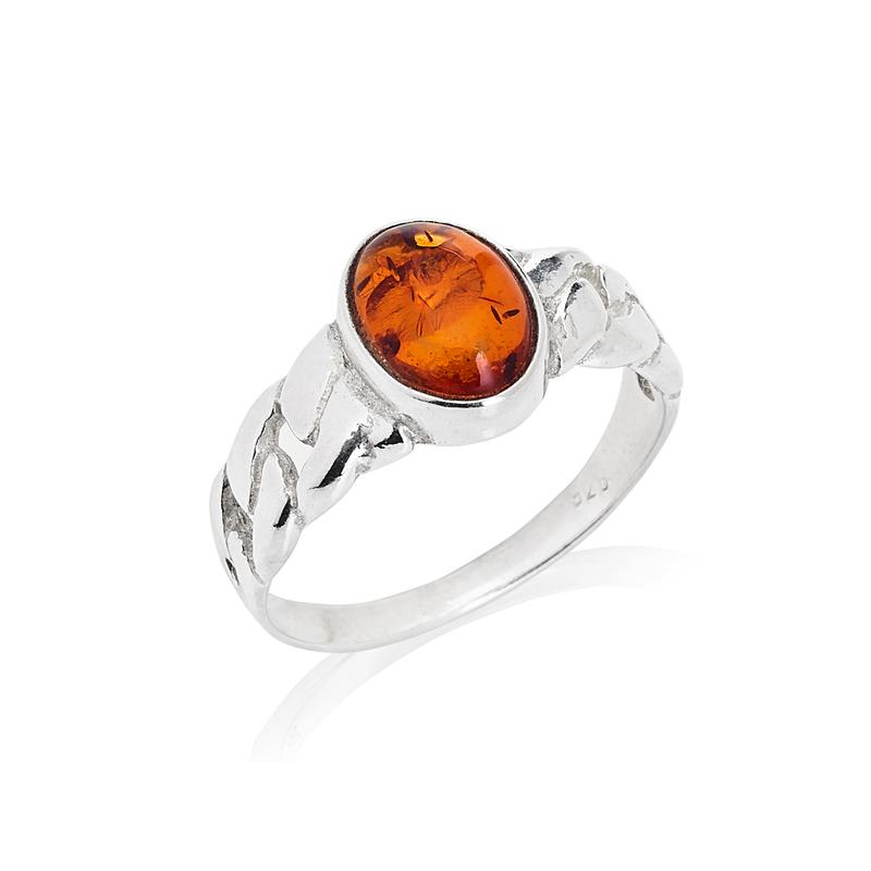 Signet ring with round natural cognac amber, in rhodium-plated 925 silver