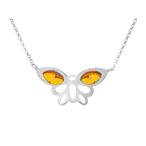 Butterfly necklace with natural cognac amber, 925 rhodium-plated silver, 40+5 cm