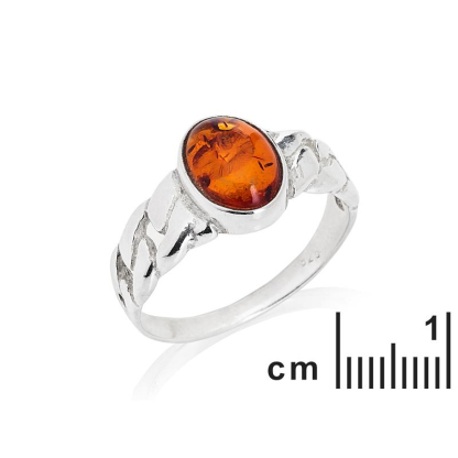 Signet ring with round natural cognac amber, in rhodium-plated 925 silver