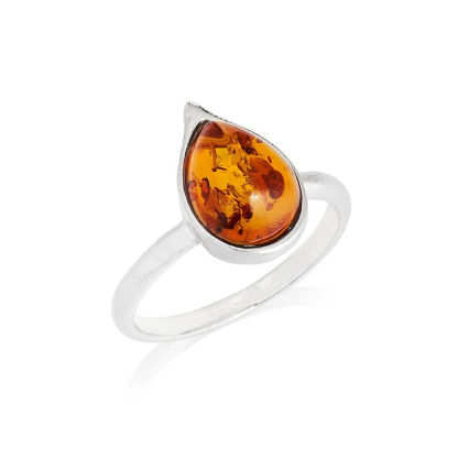 Bague goutte avec ambre cognac naturel, en argent rhodié 925