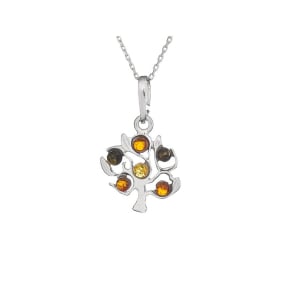 Pendentif arbre avec ambre multicolore naturel, en argent rhodié 925
