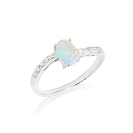 Ring mit ovalem Opal und Zirkonoxid, in rhodiniertem Silber 925