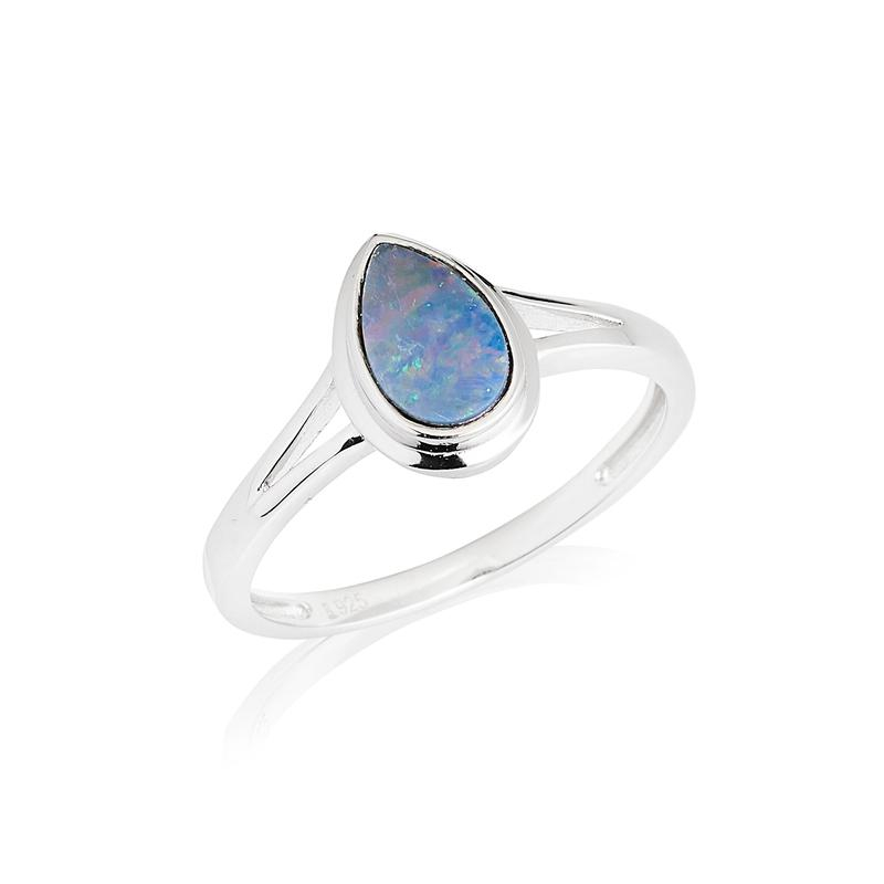 Ring with drop-shaped Australian blue opal doublet, in 925 rhodium-plated silver