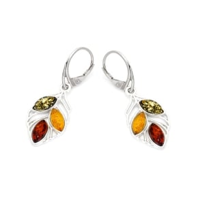 Boucles d'oreilles pendantes feuille avec ambre multicolore, argent rhodié 925