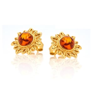 Clous d'oreilles soleil avec ambre cognac naturel, en argent 925 doré