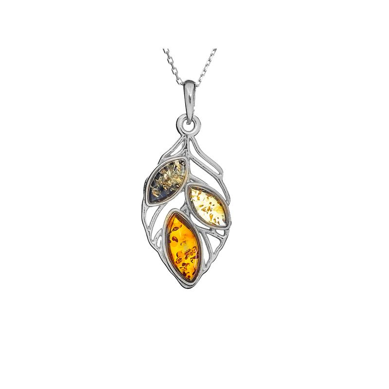 Leaf pendant with amber, rhodium-plated silver 925, diameter 1.8x3+0.8cm