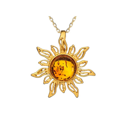 Sun pendant with natural cognac amber, in 925 gold plated silver