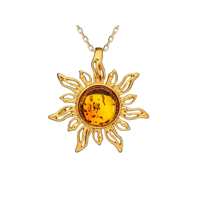 Pandantiv solar cu chihlimbar natural de cognac, în argint din 925 aurit