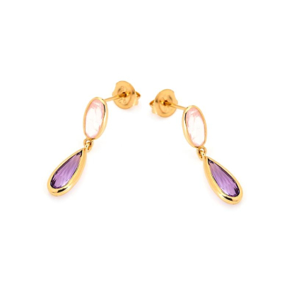 Pendientes colgantes de amatista y cuarzo rosa en plata de dorado 925